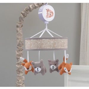 Lambs & Ivy Painted Forest Gray/Beige Fox and Bear Baby Crib Musical Mobile